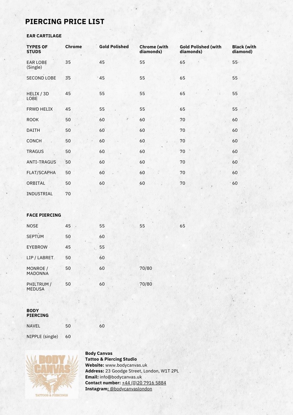 Body Canvas piercing price list